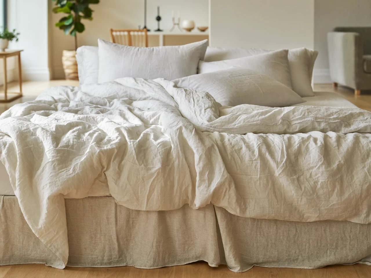 Chambre lumineuse avec un lit dressé de linge de lit en lin naturel