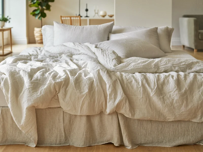 Chambre lumineuse avec un lit dressé de linge de lit en lin naturel