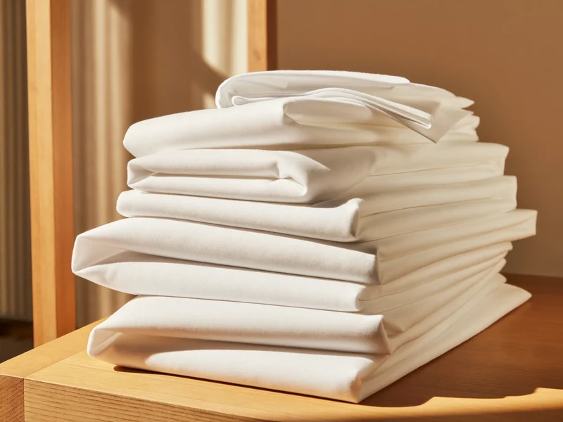 Pile de draps en percale de coton blanc pliés sur une étagère